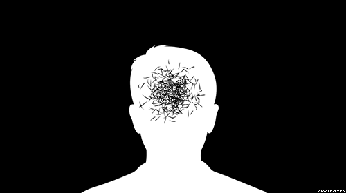 Black and white animation of a head full of moving scribbles
