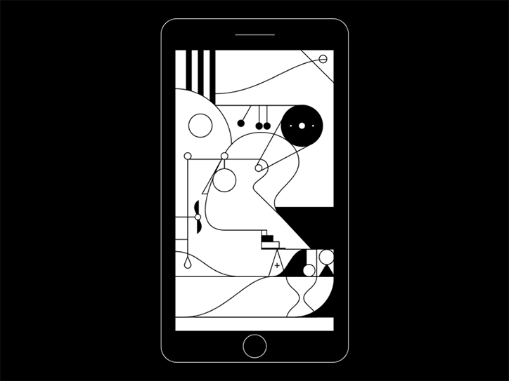 Animated black and white mobile puzzle game illustration
