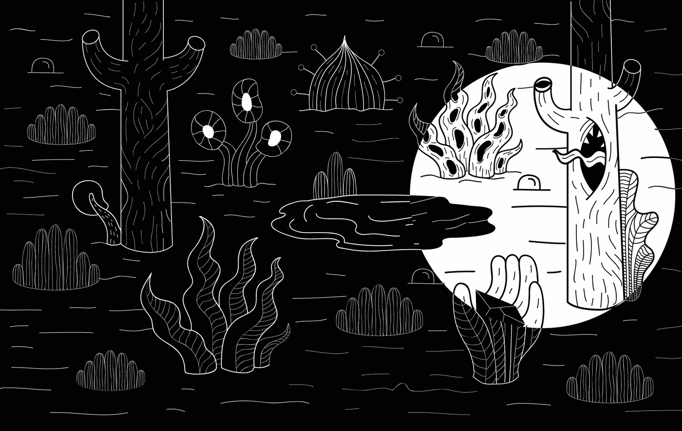 Black and white animated content production scene